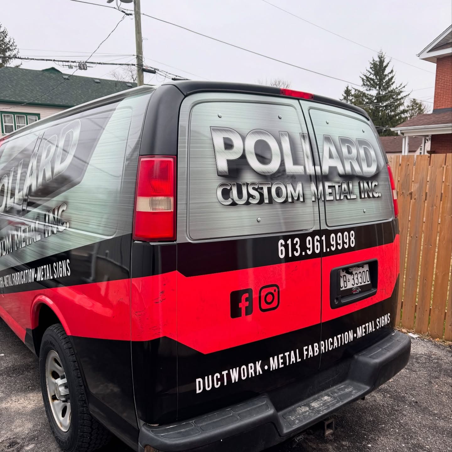 The Pollard Custom Metal van, lettered ductwork, metal fabrication, metal signs, parked outside the shop